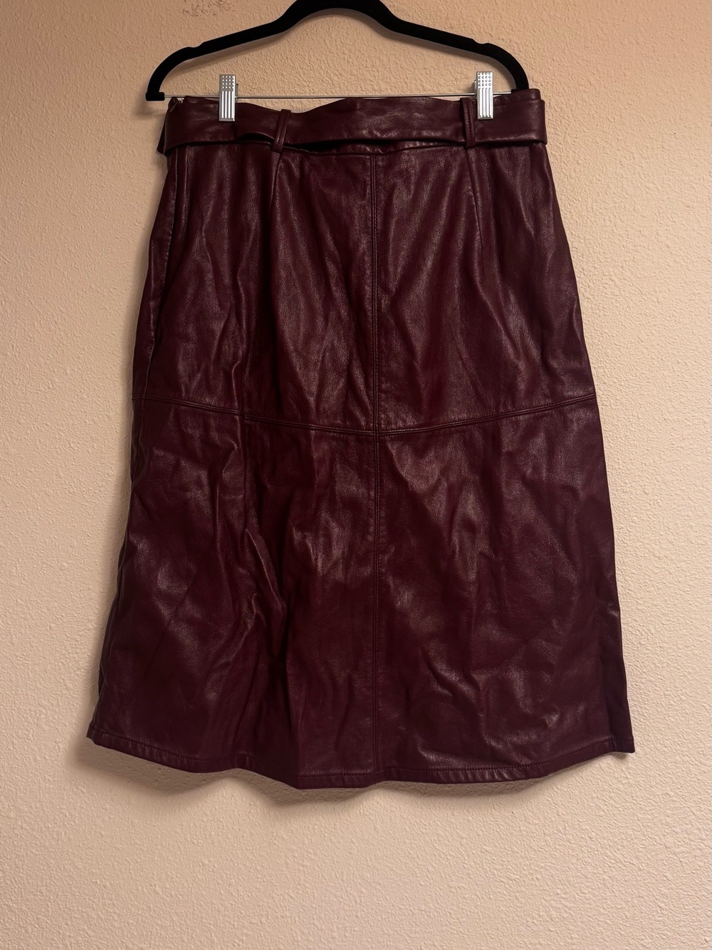 Ann Taylor Factory Burgundy Faux Leather Belted Midi Skirt - Picture 3 of 3